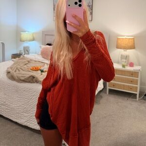 Free People - We The Free Orange V-Neck Waffle Knit Pullover Sweatshirt